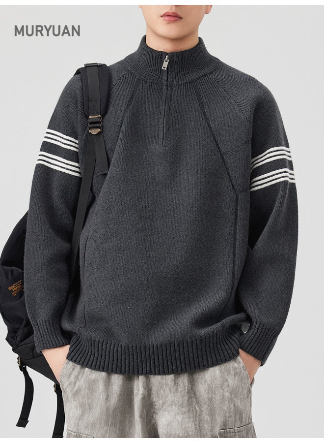 WINTER New American Style Zipper Stand Collar Sweater Men's Fashion Brand Striped Sports Knit Jacket - Image 1