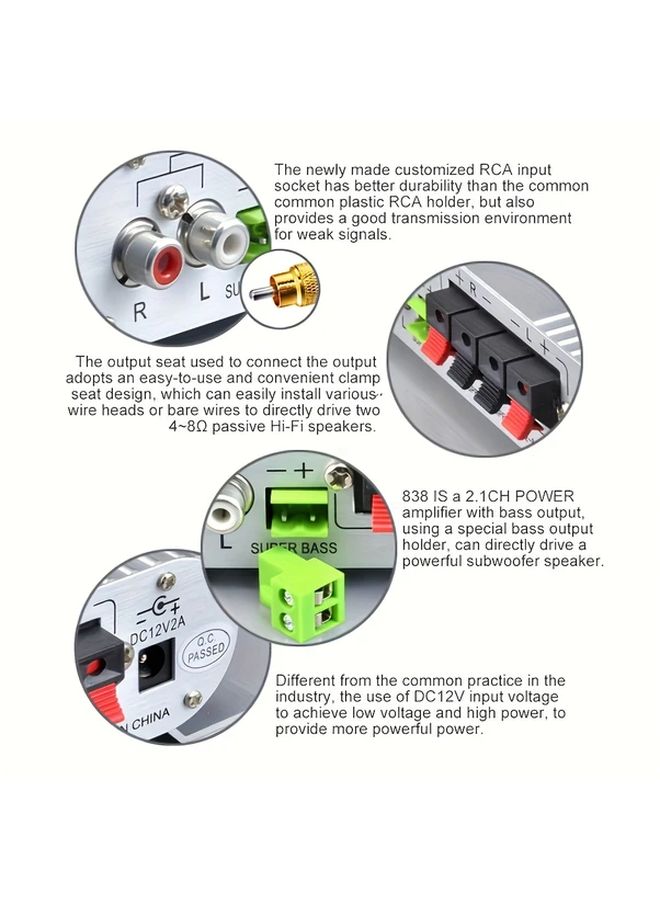 Silvery 600W Car Audio Power Amplifier 2.1 Channel Hifi Stereo With Bass Enhancement Treble Control - Image 4