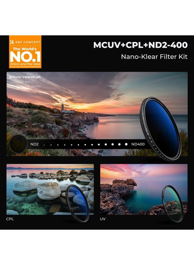 K&F Concept مجموعة فلاتر العدسات K&F Concept 67mm UV/CPL/ND2-400 (3 قطع) - 18 طبقة متعددة ، UV + فلتر قطبي + مجموعة فلاتر ND متغيرة (1-9 توقفات) + قطعة قماش للتنظيف + حقيبة فلاتر لعدسة الكاميرا (سلسلة K) - Image 2