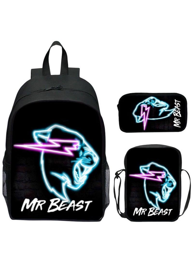 Mr Beast Lightning Game Children Backpack Daypack Schoolbag Teen Boys School Book bag with Lunch Box Pen Case 3 in 1