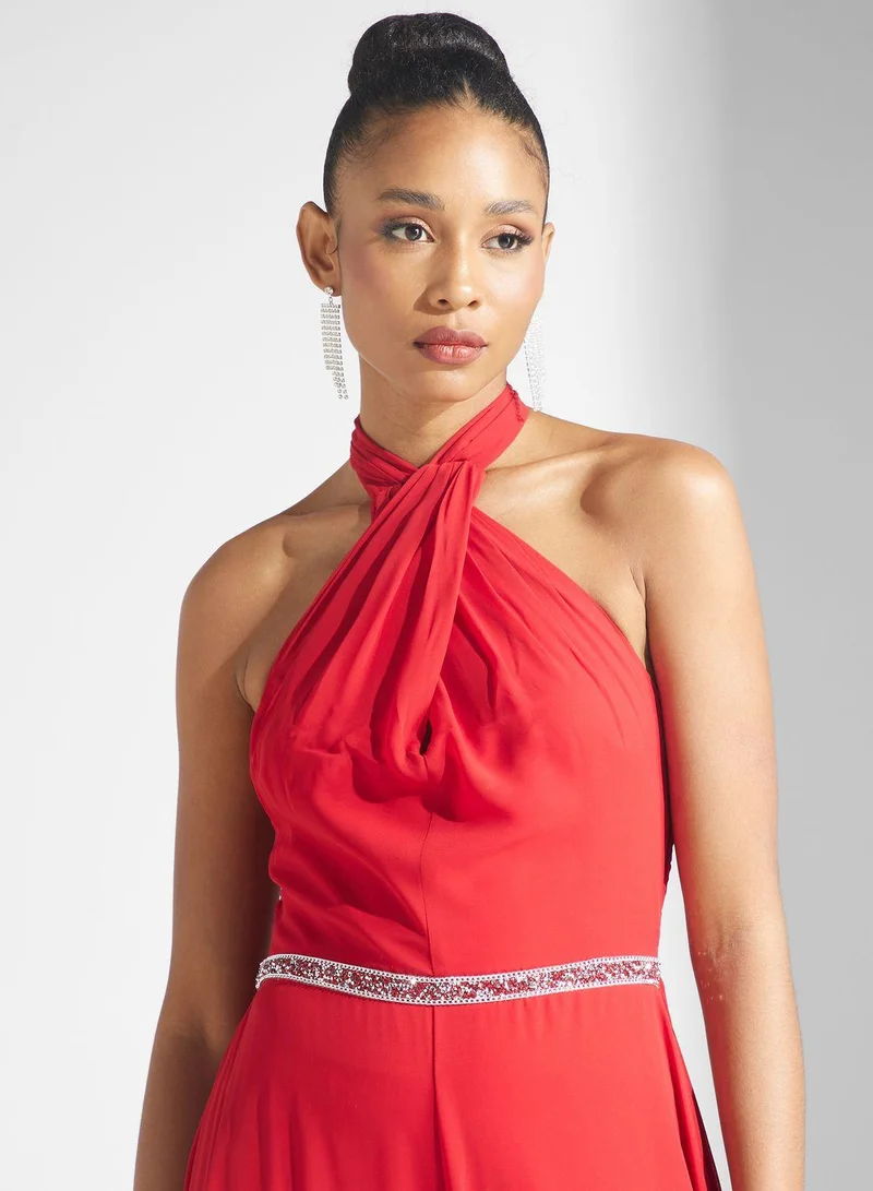 Golden Apple Halter Neck Embellished Dress