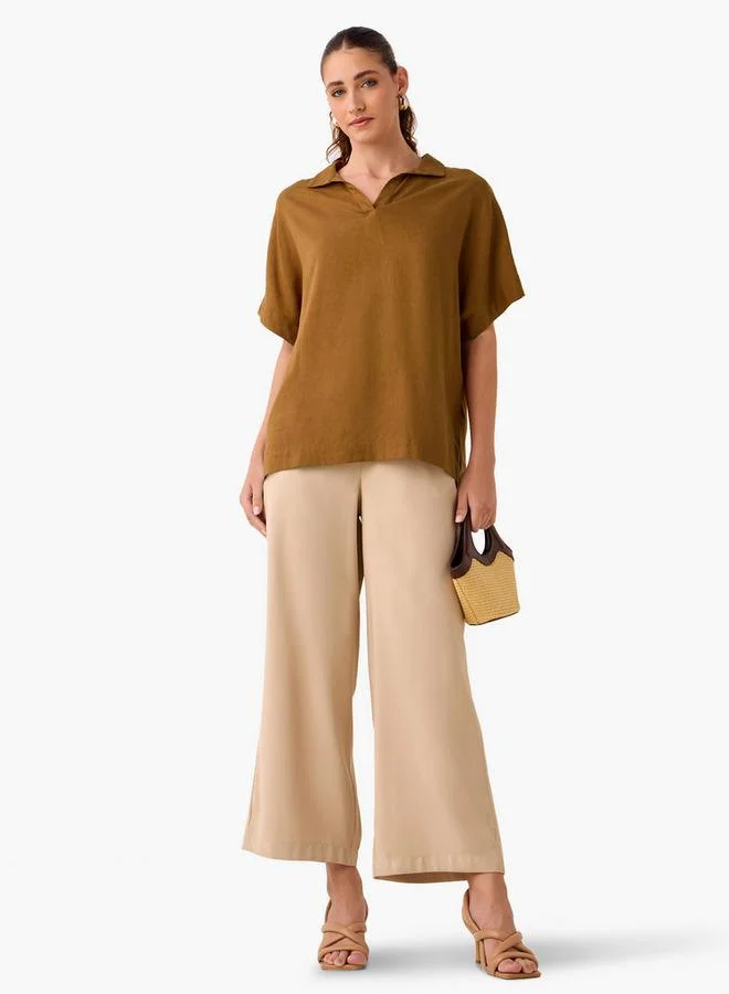 Splash FAV Regular Fit Linen Blend Collared Top with Extended Sleeves