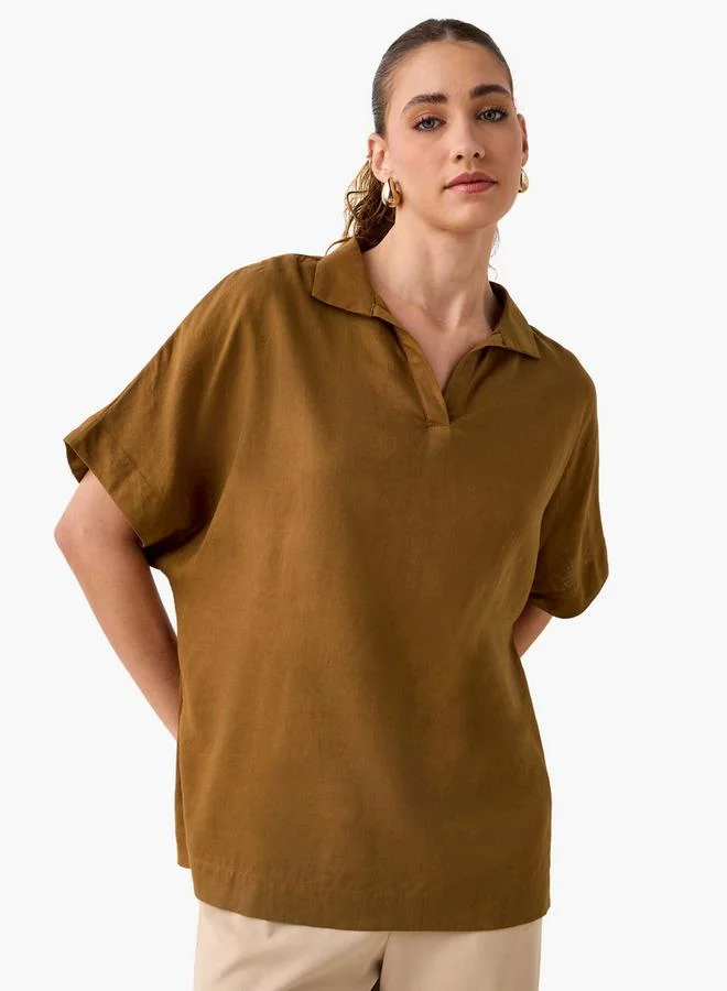 سبلاش فيڤ بلوزة بياقة من مزيج الكتان بقصة عادية وأكمام ممتدة