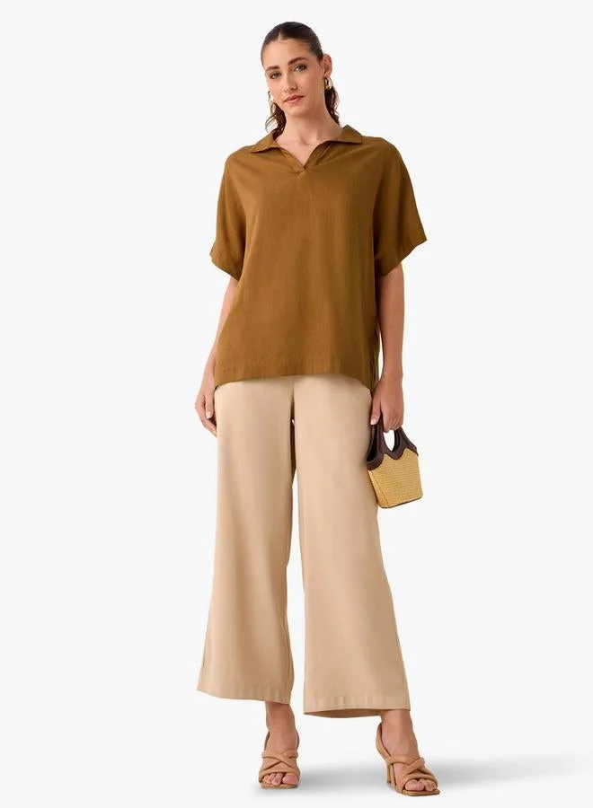 سبلاش فيڤ بلوزة بياقة من مزيج الكتان بقصة عادية وأكمام ممتدة