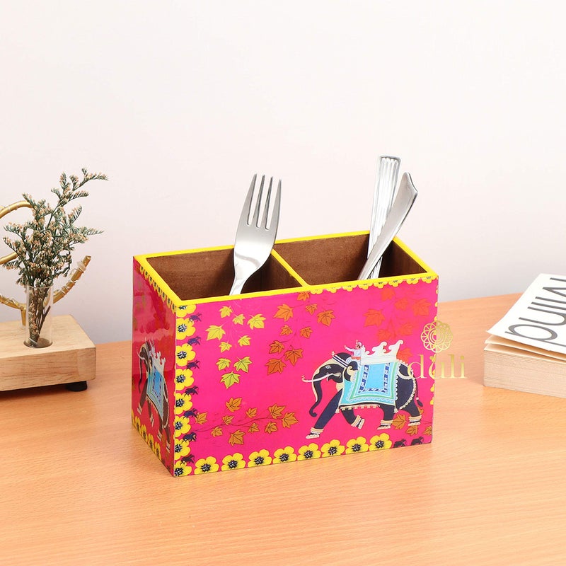 DULI Multipurpose Engineered Wood Stand, Cutlery Holder, Table Organizer with 2 Sections, Elephant Pink, Medium - Image 5