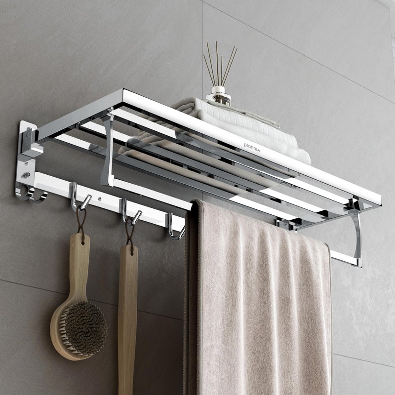 Plantex Folding Towel Rack with Hooks for Bathroom/24 Inch Stainless Steel Towel Hanger/Towel Stand/Towel Rod/Bathroom Accessories - Pack of 1 (Chrome) - Image 1