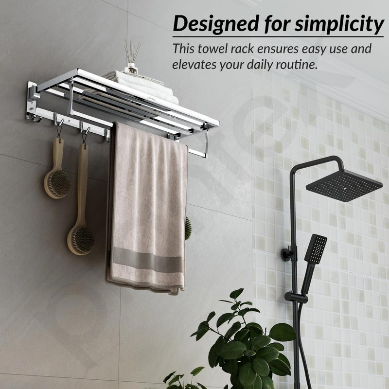Plantex Folding Towel Rack with Hooks for Bathroom/24 Inch Stainless Steel Towel Hanger/Towel Stand/Towel Rod/Bathroom Accessories - Pack of 1 (Chrome) - Image 2