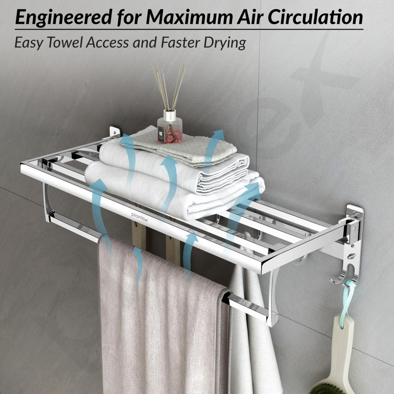 Plantex Folding Towel Rack with Hooks for Bathroom/24 Inch Stainless Steel Towel Hanger/Towel Stand/Towel Rod/Bathroom Accessories - Pack of 1 (Chrome) - Image 5