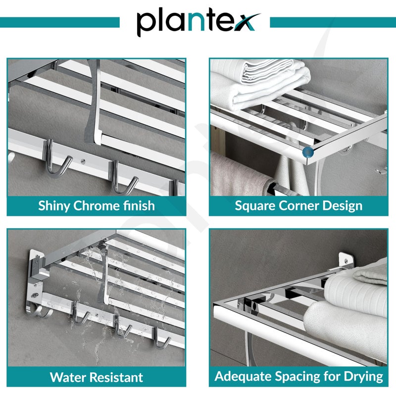 Plantex Folding Towel Rack with Hooks for Bathroom/24 Inch Stainless Steel Towel Hanger/Towel Stand/Towel Rod/Bathroom Accessories - Pack of 1 (Chrome) - Image 4