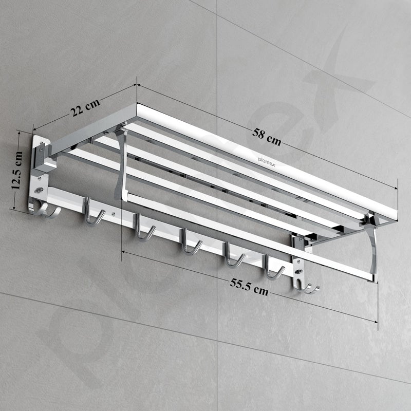 Plantex Folding Towel Rack with Hooks for Bathroom/24 Inch Stainless Steel Towel Hanger/Towel Stand/Towel Rod/Bathroom Accessories - Pack of 1 (Chrome) - Image 3