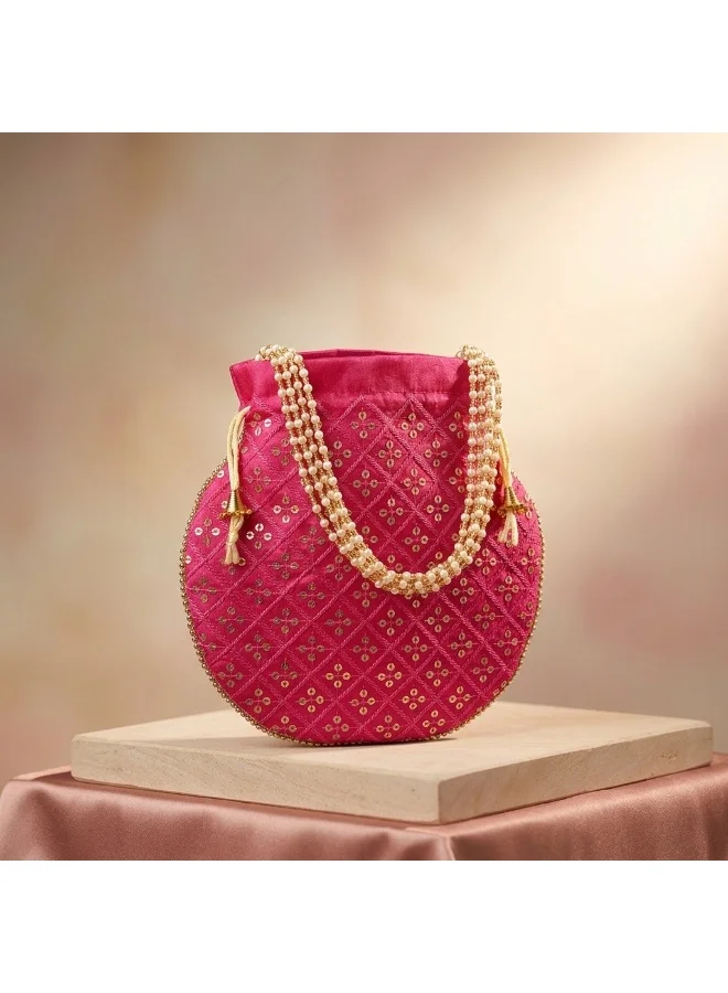 Mobcos Mobcos Dark Pink Small Chex Floral Print Potli Bag Mobcos Dark Pink Small Chex Handcrafted Indian Embroidered Mirror Work Potli Bag for Women | Premium Silk Blend Ethnic Drawstring Handbag with Pearl Handle | Wedding, Bridal, Party & Festive Purse for Women | Best Price UAE
