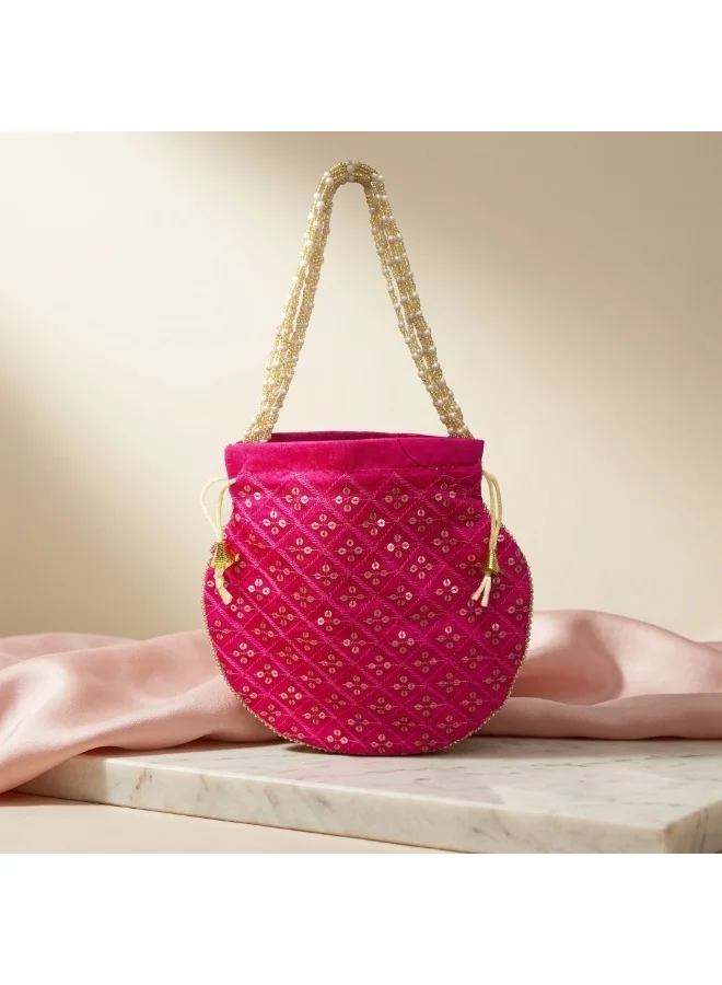 Mobcos Mobcos Dark Pink Small Chex Handcrafted Indian Embroidered Mirror Work Potli Bag for Women | Premium Silk Blend Ethnic Drawstring Handbag with Pearl Handle | Wedding, Bridal, Party & Festive Purse