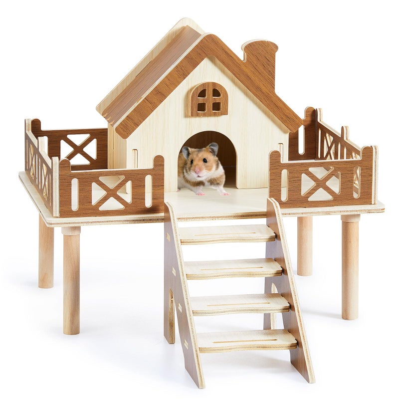 Jevnd Wooden Hamster Platform and Dwarf Hamster House, Hamster Cage Platform With Climbing Ladder, Cute Syrian Hamster Hideout, Hamster Cage Accessories Platform for Putting Food Bowl, Hamster Gerbil Castle - Image 1