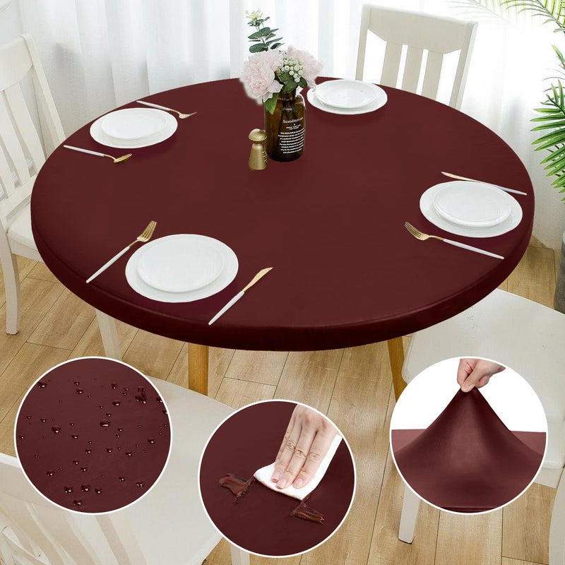 Rinpon Double Fitted Design PU Round Fitted Tablecloth AntiTear Wipeable Elastic Round Tablecloth SoftTouch Fitted Table Cloth Waterproof OilProof Table Cover Burgundy 4548 Round