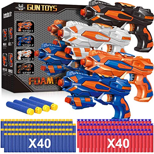 POKONBOY 4 Pack Blaster Guns Compatible with Nerf Guns Bullets Toy Guns for Boys Girls with 80 Pack Foam Refill Darts Hand Gun Toys for 6 Year Old Kids Birthday Christmas - Image 1