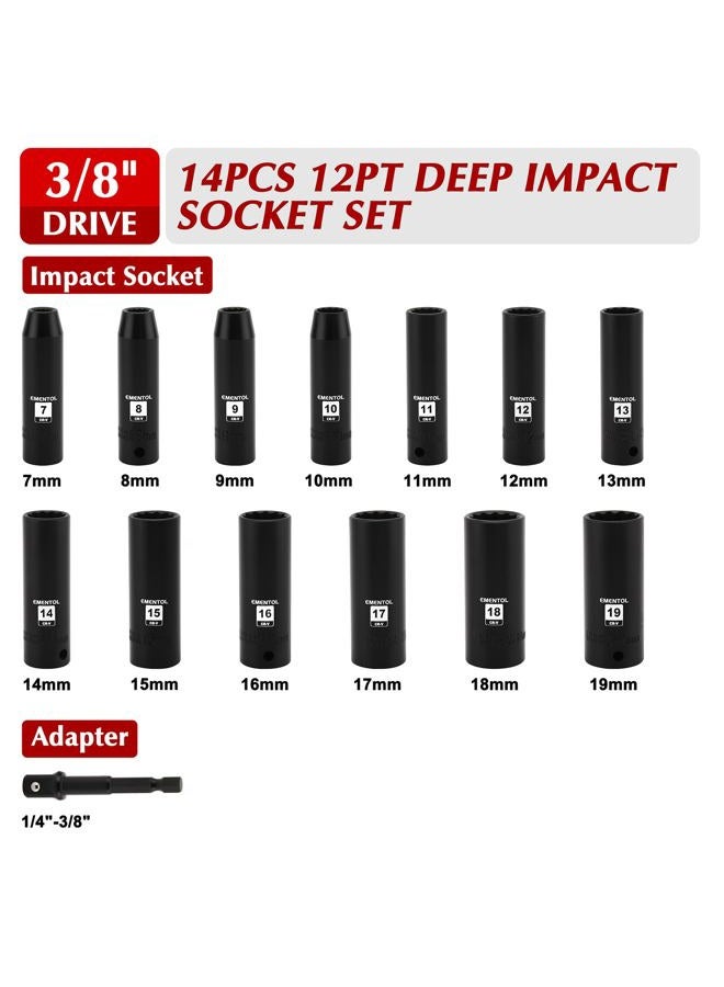 EMENTOL 14PCS 3/8"Dr. Deep Impact Socket Set, Metric, 12-Point, CR-V, 14 Pieces 3/8-Inch Drive Deep Socket Set, 7mm - 19mm - Image 2