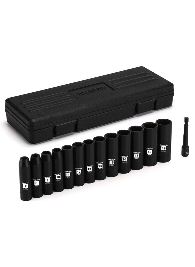 EMENTOL 14PCS 3/8"Dr. Deep Impact Socket Set, Metric, 12-Point, CR-V, 14 Pieces 3/8-Inch Drive Deep Socket Set, 7mm - 19mm - Image 1