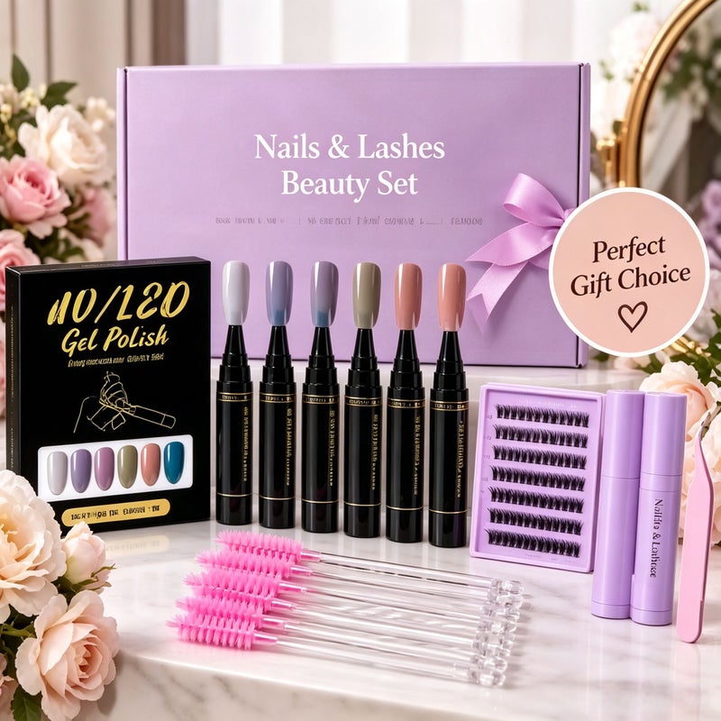 All-in-One DIY Nail and Lash Beauty Kit with 6-Color UV/LED Gel Polish Pens, Cluster False Eyelashes, Precision Tweezers and Lash Brushes - Image 1