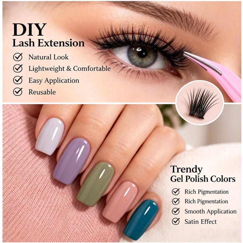 All-in-One DIY Nail and Lash Beauty Kit with 6-Color UV/LED Gel Polish Pens, Cluster False Eyelashes, Precision Tweezers and Lash Brushes - Image 4