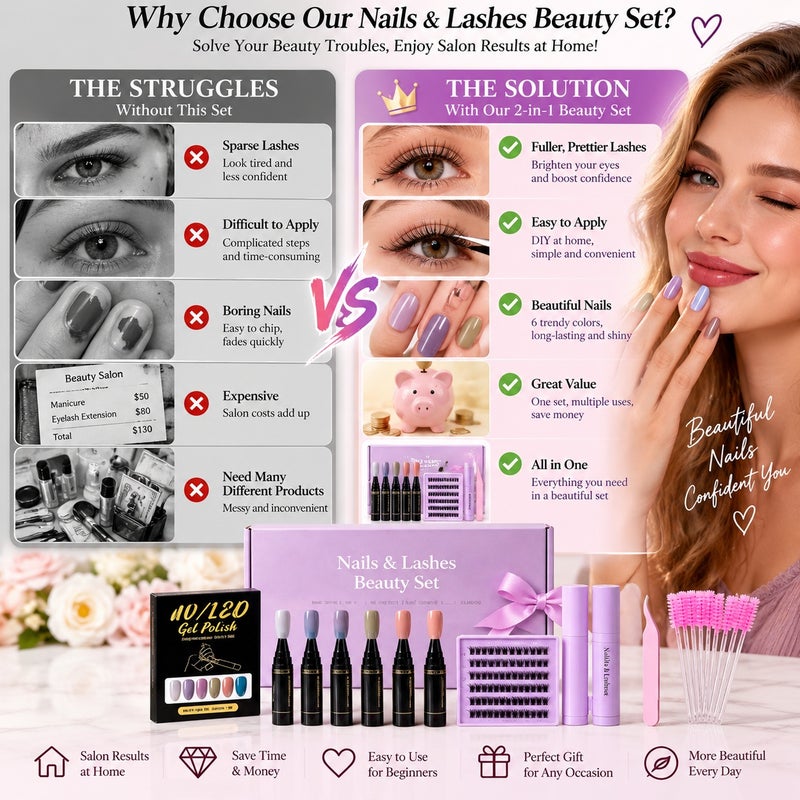 All-in-One DIY Nail and Lash Beauty Kit with 6-Color UV/LED Gel Polish Pens, Cluster False Eyelashes, Precision Tweezers and Lash Brushes - Image 2