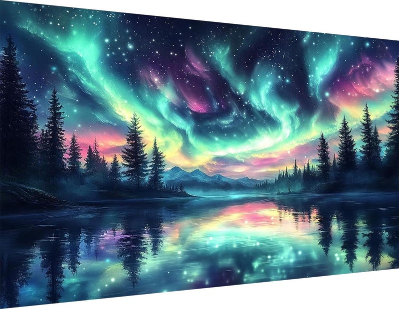 ijbnhd Large Diamond Painting, Aurora Large Diamond Art Kits for Adults, Full Drill Round Big Diamond Painting, DIY Gem Art and Crafts for Home Wall Decor Gift 27.5 X 15.7inch - Image 1