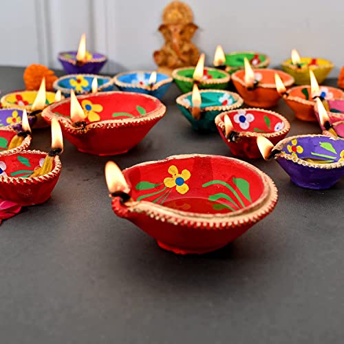 STLYZ Colourful Handmade Diyas for Diwali (101 Pcs) Hand Painted Decorative Clay Mitti Diya Deepak Lanterns for Diwali Decoration - Image 3