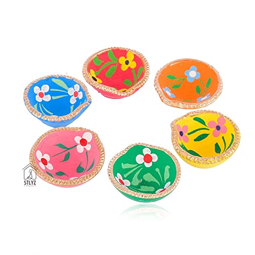STLYZ Colourful Handmade Diyas for Diwali (101 Pcs) Hand Painted Decorative Clay Mitti Diya Deepak Lanterns for Diwali Decoration - Image 4