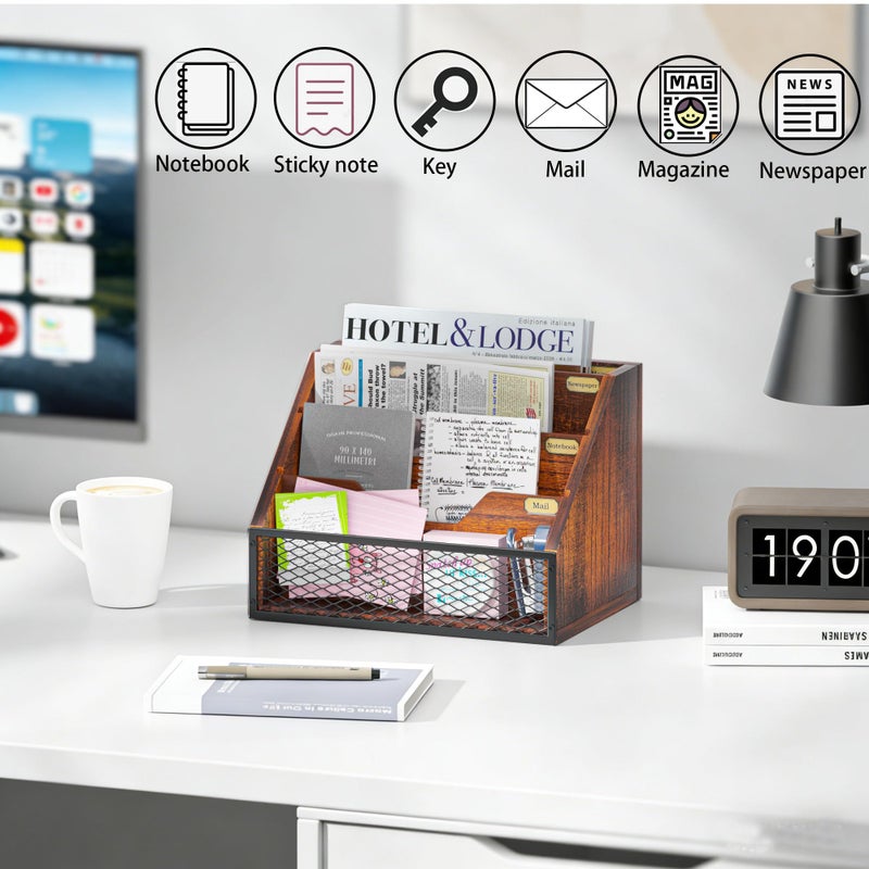 Yelinkws Mail Organizer Countertop,Wooden Mail Holder,4 Slot Letter Holder for Desktop,Vintage Desk Orgaizer for Fill,Bill (Brown) - Image 2