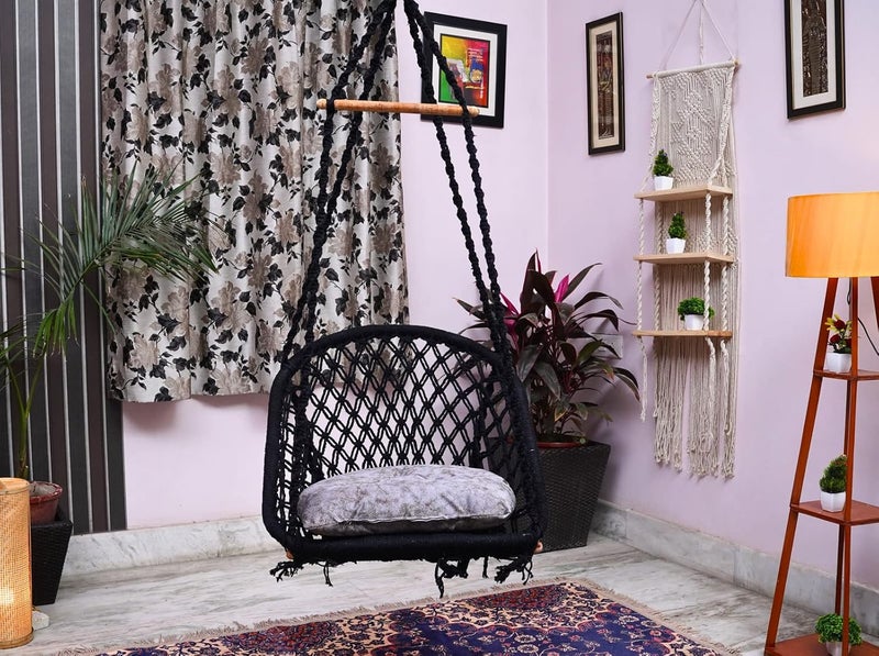 Patiofy أرجوحة باتيوفي للبالغين أرجوحة للبالغين أرجوحة لغرفة المعيشة أرجوحة للشرفة أرجوحة للمنزل أرجوحة قطنية كبيرة على شكل حرف D مع وسادة فضية متصلة بعصا خشبية سوداء - Image 4
