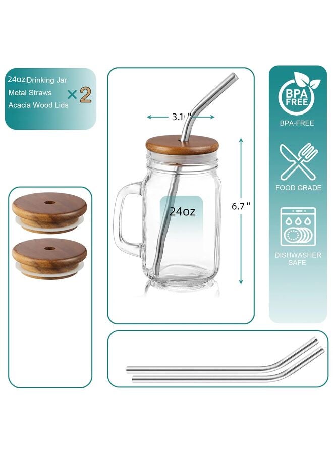 2 PCS 24oz Iced Coffee Cups, Mason Jar Cups, Glass Cups with Lids and Straws, Mason Jars with Handles, Mason Jar Drinking Glasses - Image 2