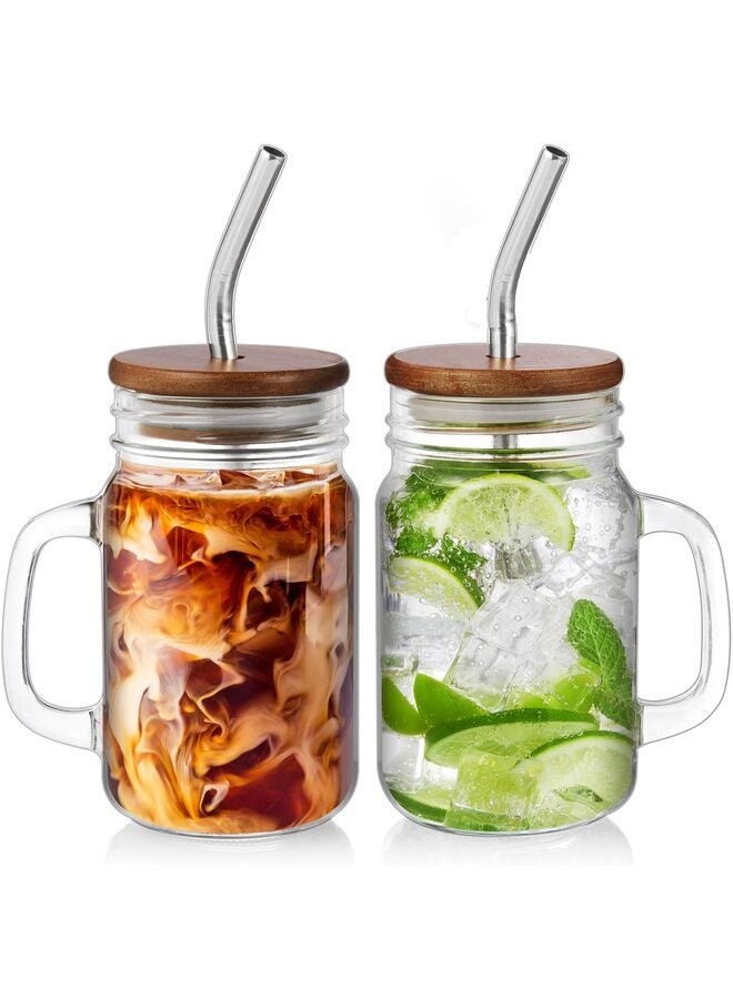 2 PCS 24oz Iced Coffee Cups, Mason Jar Cups, Glass Cups with Lids and Straws, Mason Jars with Handles, Mason Jar Drinking Glasses - Image 1