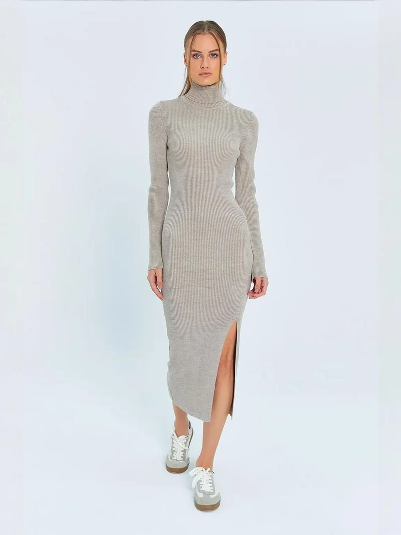 MixRay Stone Natural Mixray Turtleneck Midi Knit Dress with Slit for Women | Best Price UAE