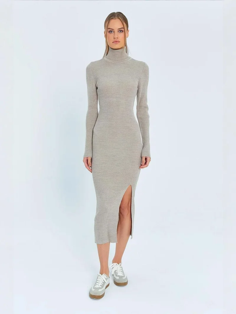 MixRay Mixray Turtleneck Midi Knit Dress with Slit