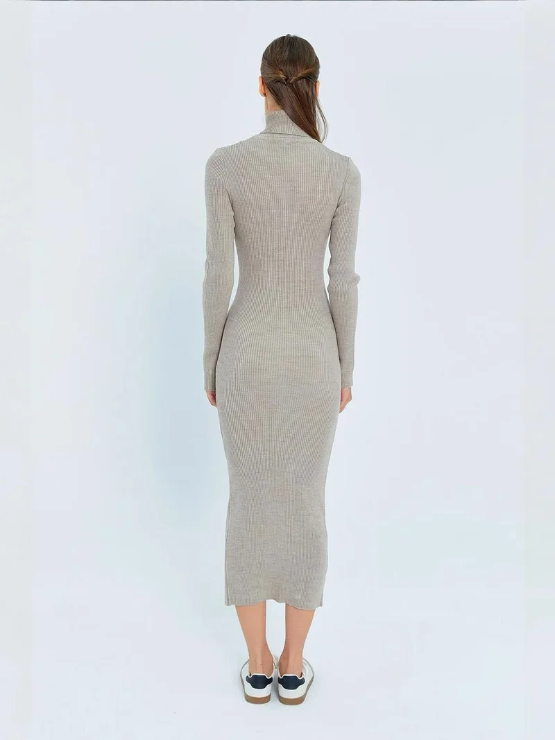 MixRay Stone Natural Mixray Turtleneck Midi Knit Dress with Slit for Women | Best Price UAE