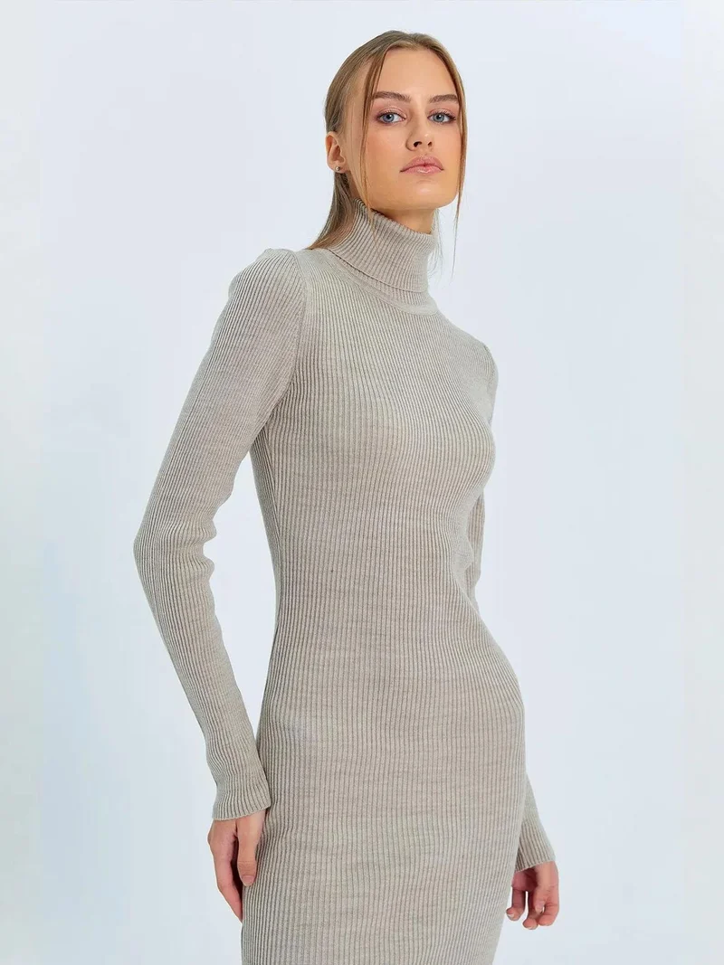 MixRay Stone Natural Mixray Turtleneck Midi Knit Dress with Slit for Women | Best Price UAE