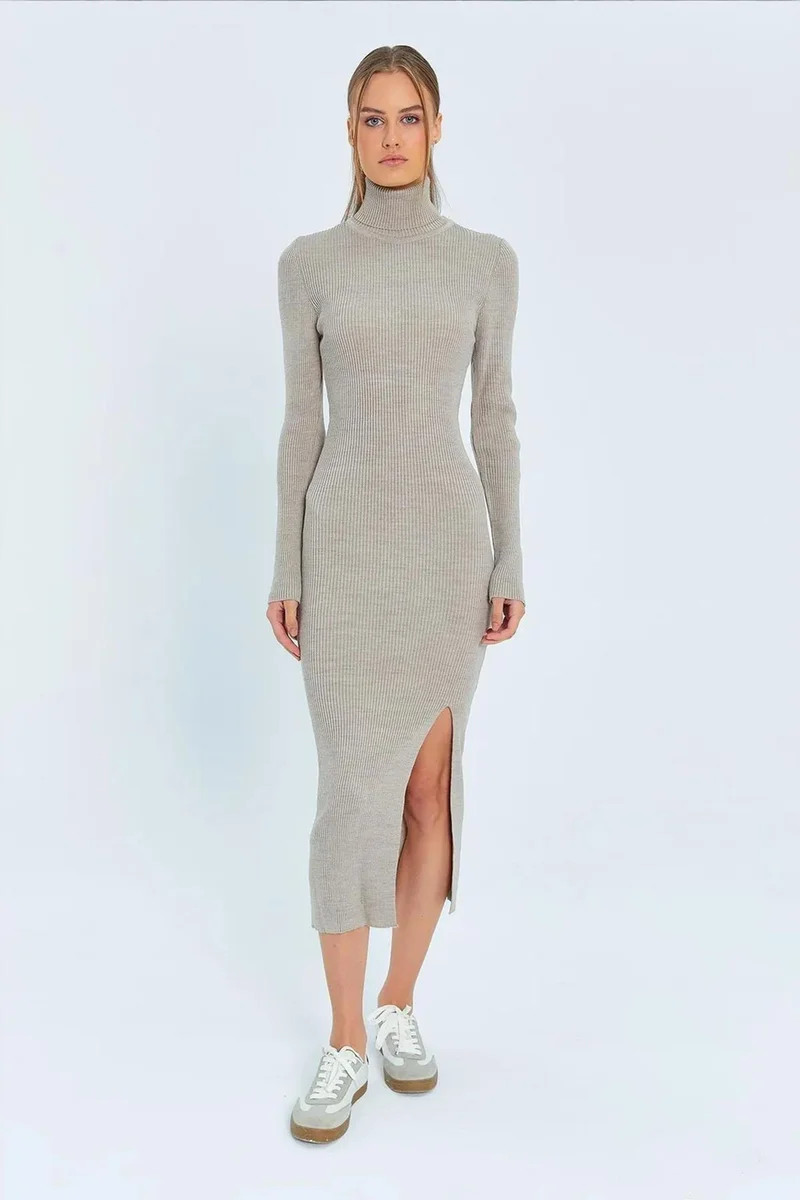 Mixray Mixray Turtleneck Midi Knit Dress with Slit