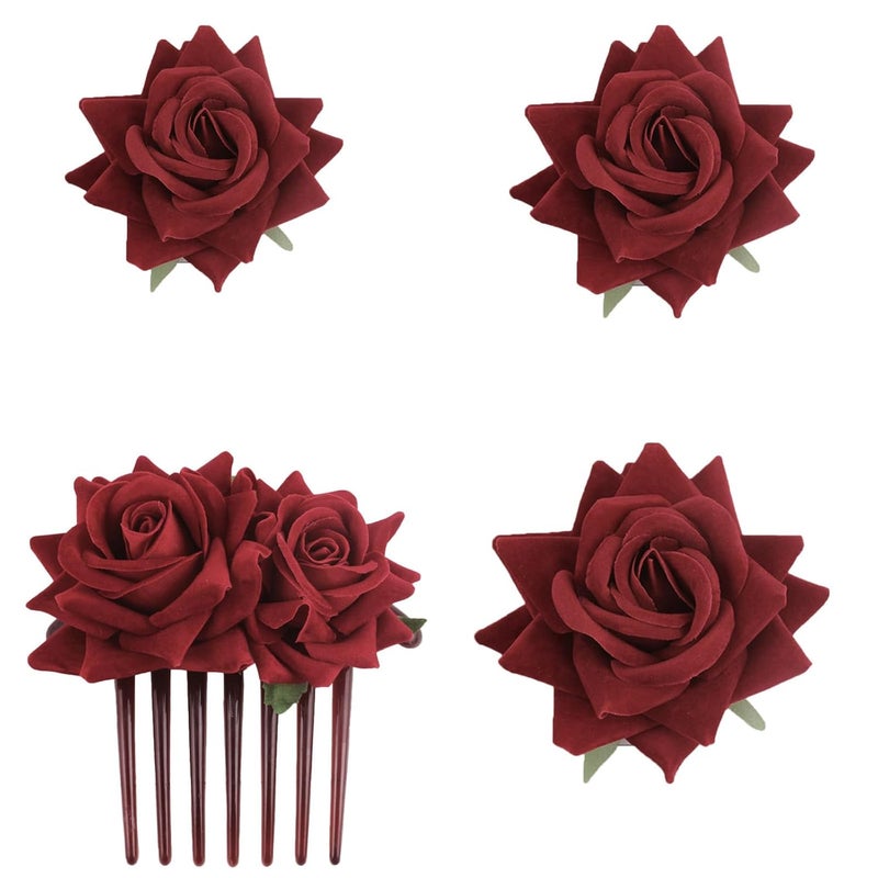 4 Pieces Women Rose Hairpin Bridal Rose Brooch Hair Clip Wedding Floral Clips for Woman Girl Party Wedding Wine Red