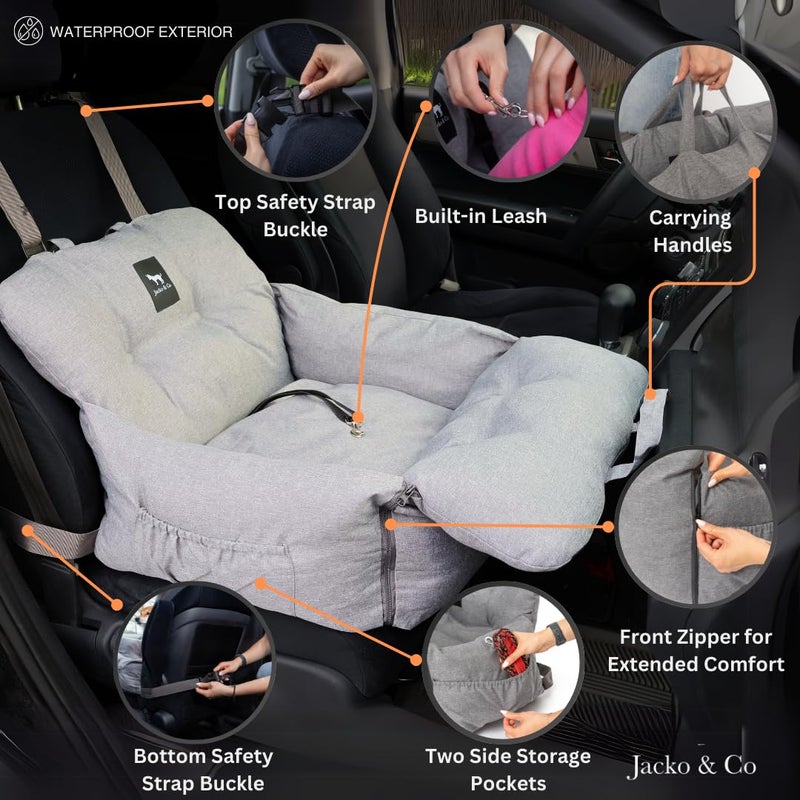 JACKO & CO Premium Dog Car Seat â€“ Safe & Cozy Travel Bed and Carrier for Small Dogs, Puppies, Pets up to 25 lbs, Clip-On Leash & Storage Pockets, Water-Resistant, Machine Washable (Grey Small) - Image 4
