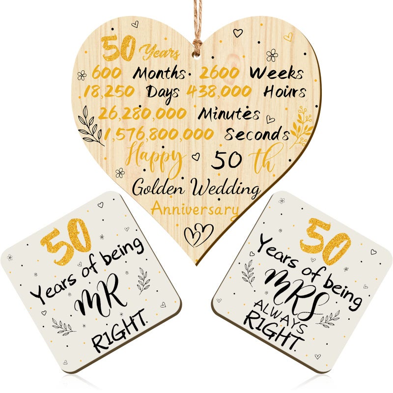 Zopeal Happy 50th Golden Wedding Anniversary Wooden Hanging Heart Plaque and Pair of Mr Right and Mrs Always Right Coaster Square Coaster for Married Couple Wife Husband 50th Anniversary Party Gifts