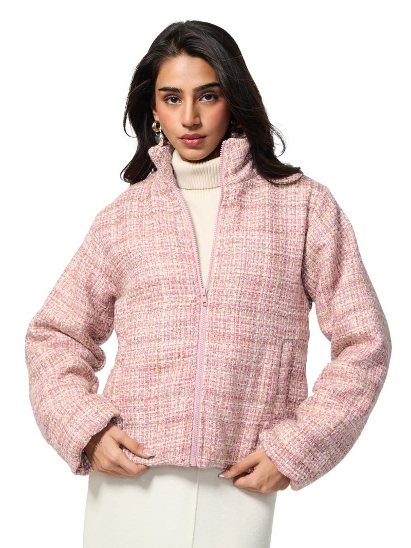The Souled Store Rosette Women and Girls Full Sleeves Stand Collar Light Pink Textured Regular Fit Lightweight Everyday Streetwear Trendy Winter Ready Warm Polyester Puffer Jacket - Image 1
