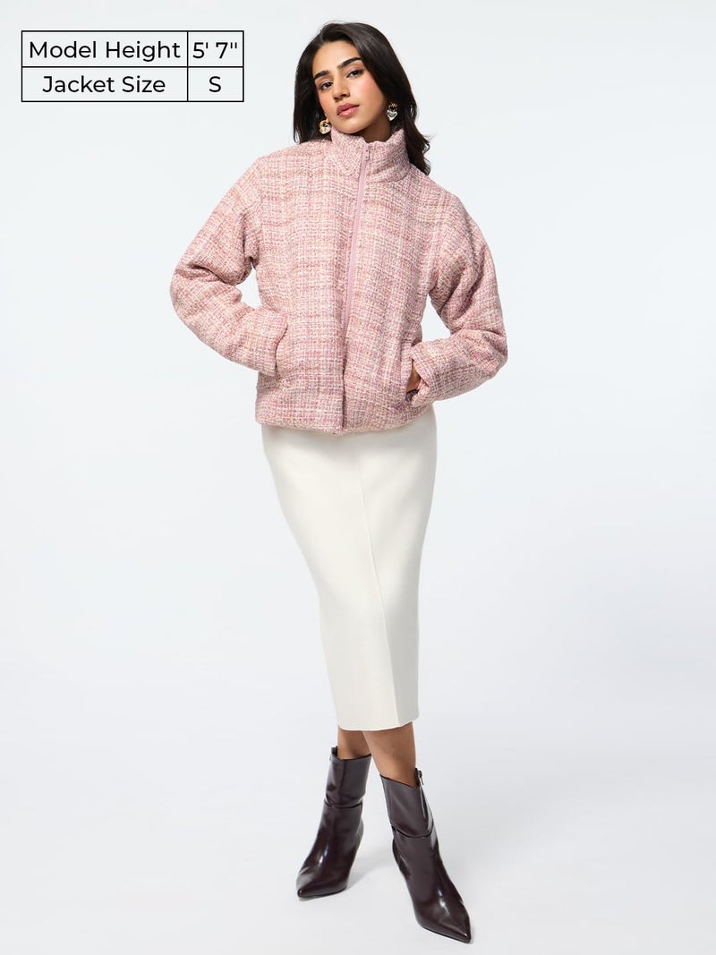 The Souled Store Rosette Women and Girls Full Sleeves Stand Collar Light Pink Textured Regular Fit Lightweight Everyday Streetwear Trendy Winter Ready Warm Polyester Puffer Jacket - Image 2