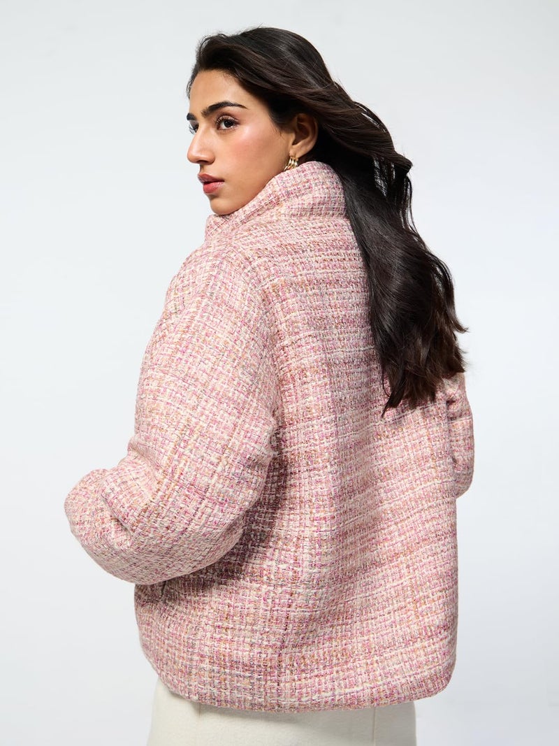 The Souled Store Rosette Women and Girls Full Sleeves Stand Collar Light Pink Textured Regular Fit Lightweight Everyday Streetwear Trendy Winter Ready Warm Polyester Puffer Jacket - Image 3