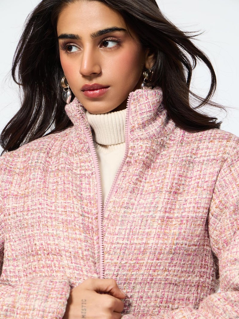 The Souled Store Rosette Women and Girls Full Sleeves Stand Collar Light Pink Textured Regular Fit Lightweight Everyday Streetwear Trendy Winter Ready Warm Polyester Puffer Jacket - Image 4