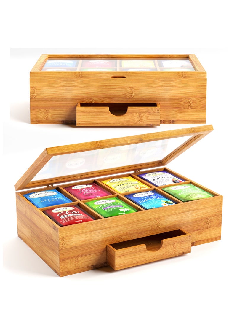 Arabest - Bamboo Tea Box, 8 Compartments Storage Organizer with Drawer, Tea Organizer Box for Tea Bags and Loose Tea - Image 1