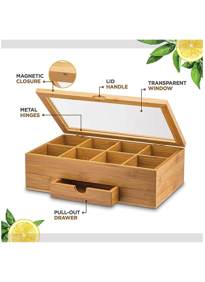 Arabest - Bamboo Tea Box, 8 Compartments Storage Organizer with Drawer, Tea Organizer Box for Tea Bags and Loose Tea - Image 1