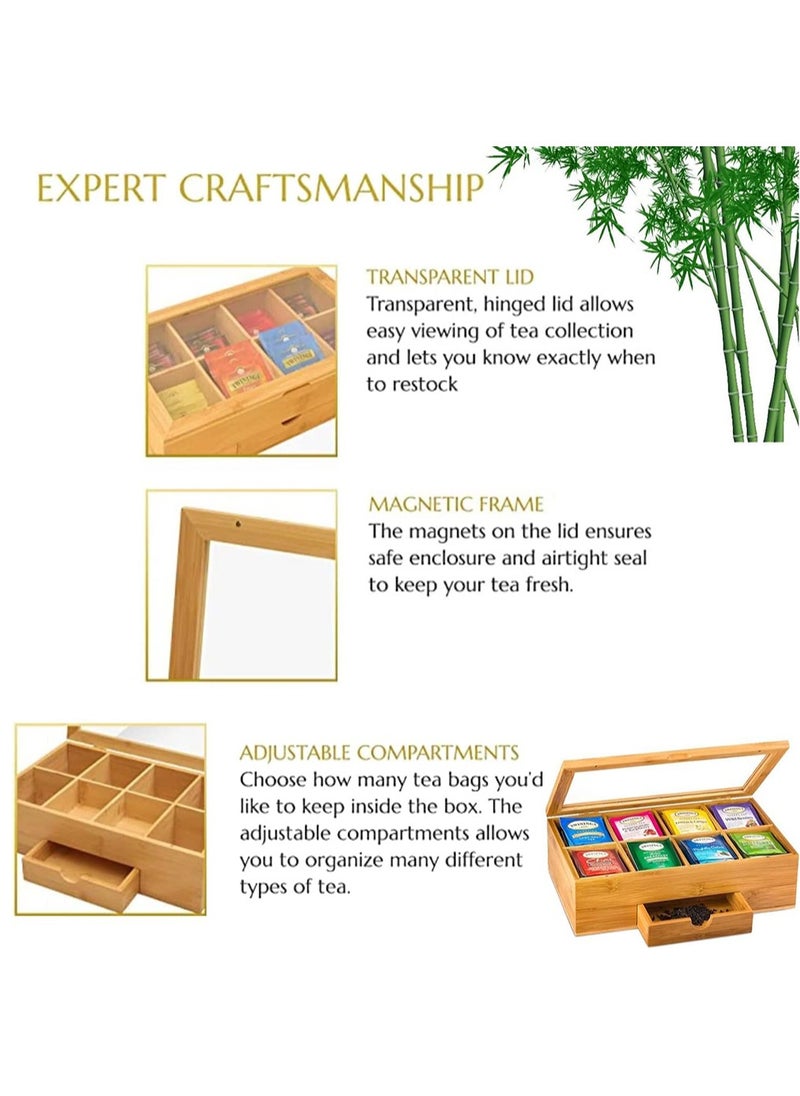 Arabest - Bamboo Tea Box, 8 Compartments Storage Organizer with Drawer, Tea Organizer Box for Tea Bags and Loose Tea - Image 1