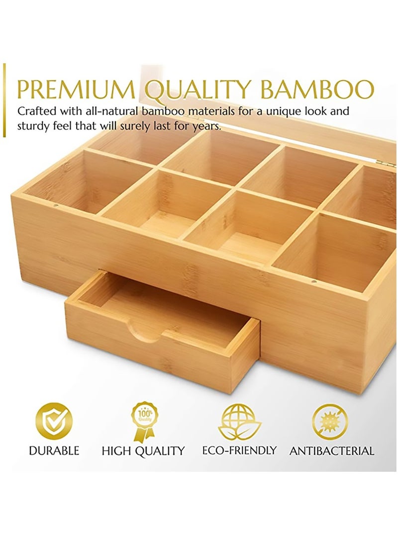 Arabest - Bamboo Tea Box, 8 Compartments Storage Organizer with Drawer, Tea Organizer Box for Tea Bags and Loose Tea - Image 1