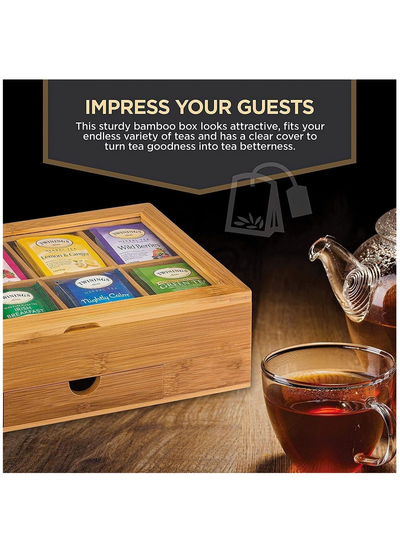 Arabest - Bamboo Tea Box, 8 Compartments Storage Organizer with Drawer, Tea Organizer Box for Tea Bags and Loose Tea - Image 1