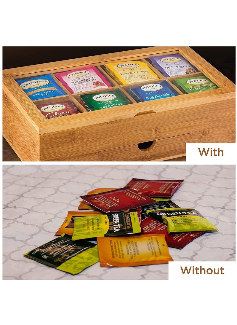 Arabest - Bamboo Tea Box, 8 Compartments Storage Organizer with Drawer, Tea Organizer Box for Tea Bags and Loose Tea - Image 1