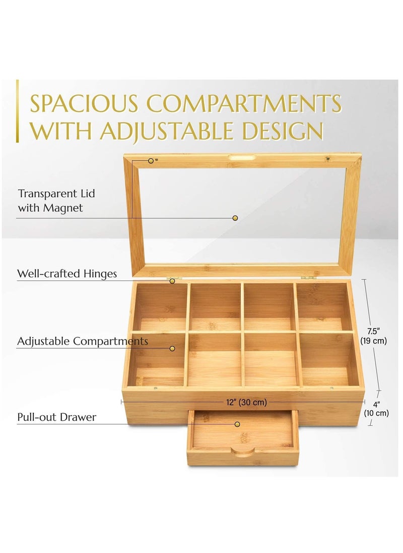 Arabest - Bamboo Tea Box, 8 Compartments Storage Organizer with Drawer, Tea Organizer Box for Tea Bags and Loose Tea - Image 1